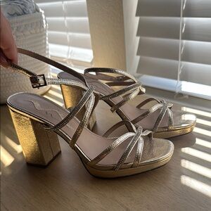Nina Gold Metallic Strappy Block Heel Sandals